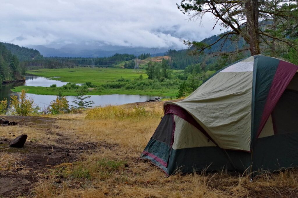 Mike's tent pictured looking over Morris Lake and the river beyond.