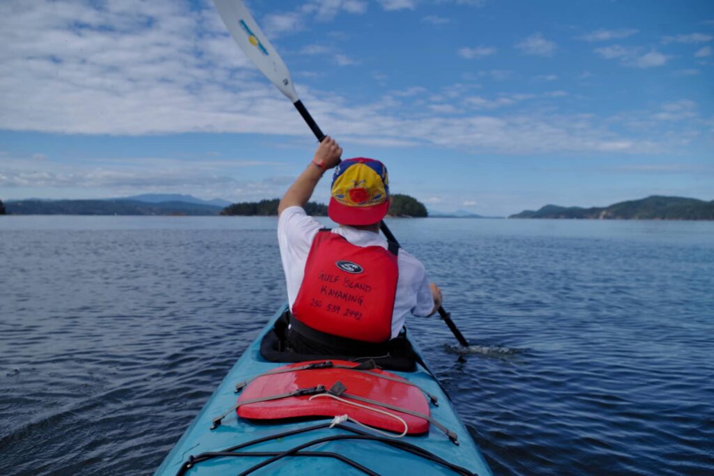 Paddling out of Montague Harbour, with the Trincomali Channel ahead.