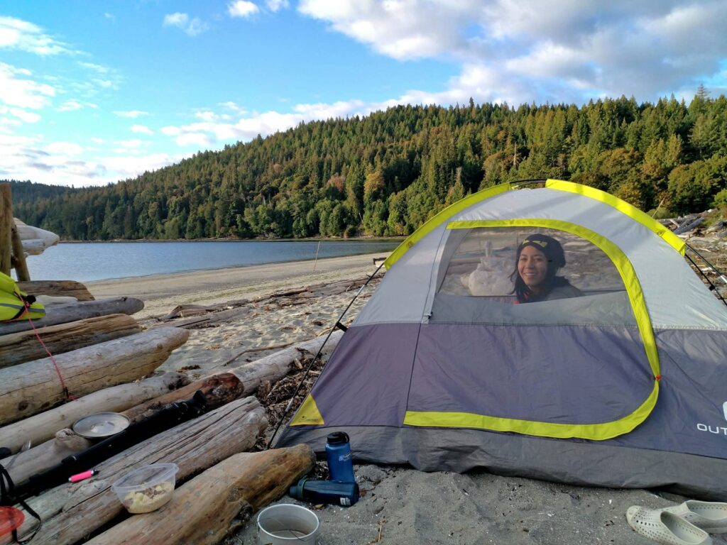 Ayelen enjoying the morning sun at Walter Hook Beach.